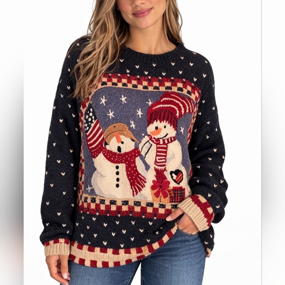 Vtg TIARA 2002 Festive American Flag Snowman Oversized Knit Christmas Sweater